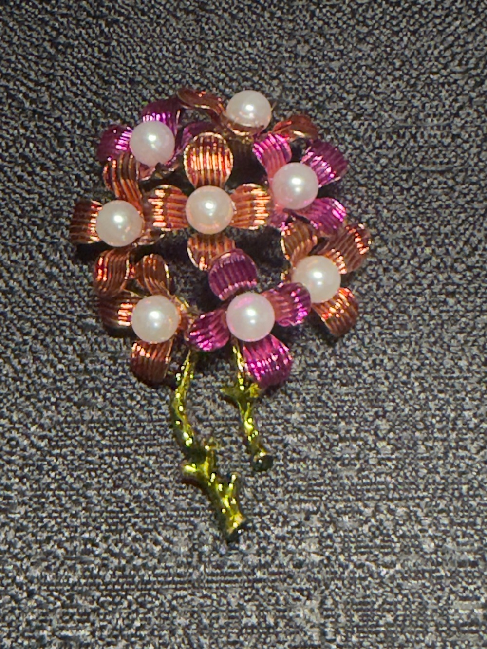 Pearl Accent Pink & Copper Flower Brooch - Unbranded